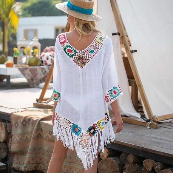 Bikini cover up dress crochet fringe white multicolor beach sundress v-neck - Picture 3 of 5